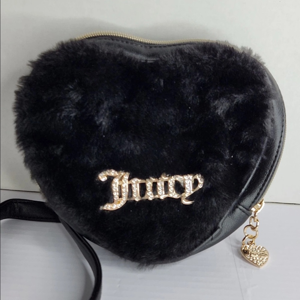 Juicy Couture Black Licorice Heart-Shaped Crossbody Bag Faux Fur Logo Purse